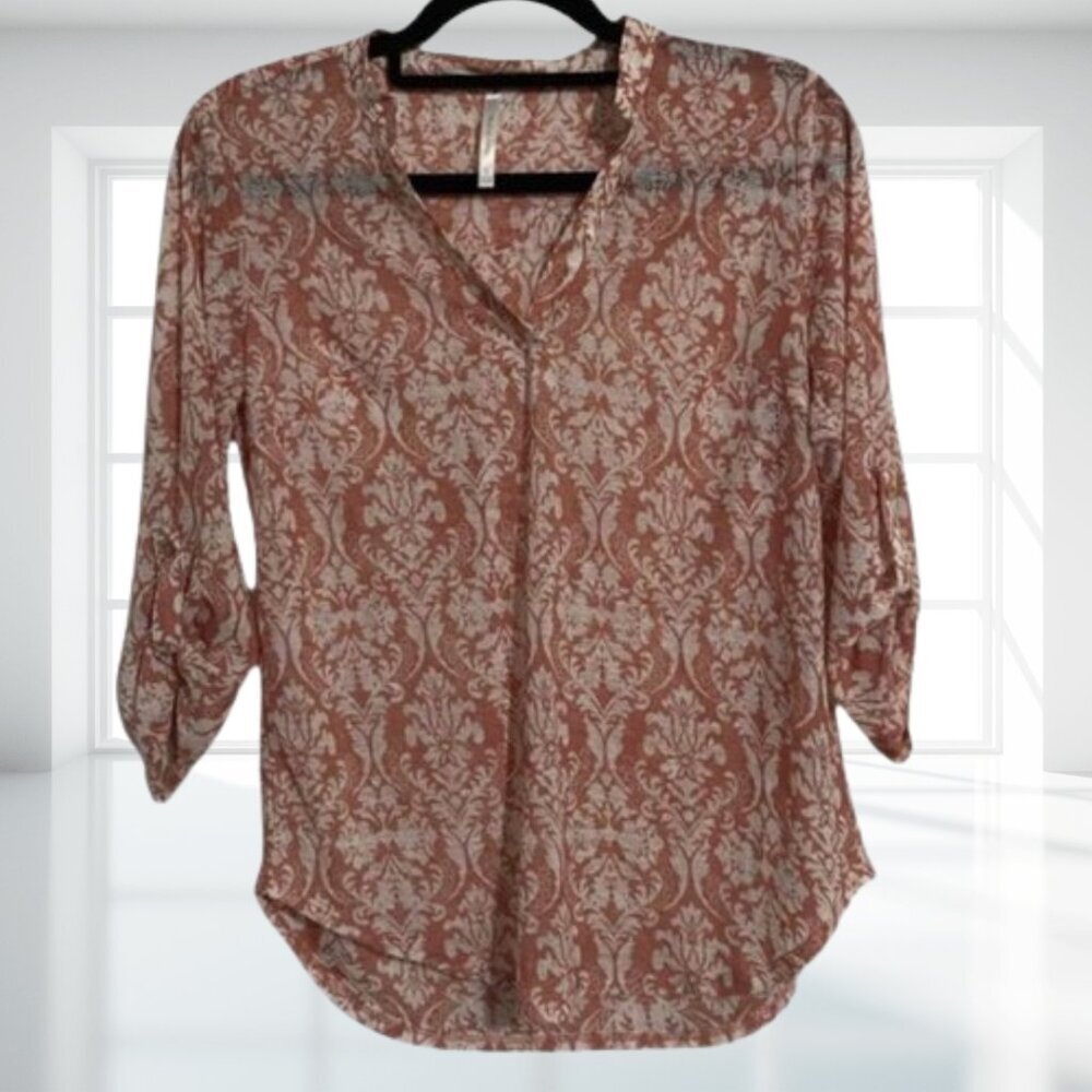 DNA Couture Pattern V-Neck Blouse Small S Sheer Rust Floral Button Tab Sleeve - Picture 2 of 11